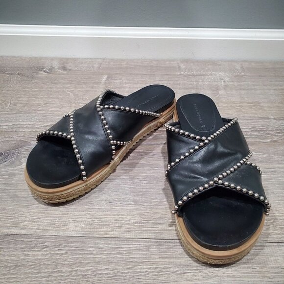 Zara Black Silver Studded Cross Strap Slides Womens 9 Open Toe Slip On Sandals - Picture 1 of 15